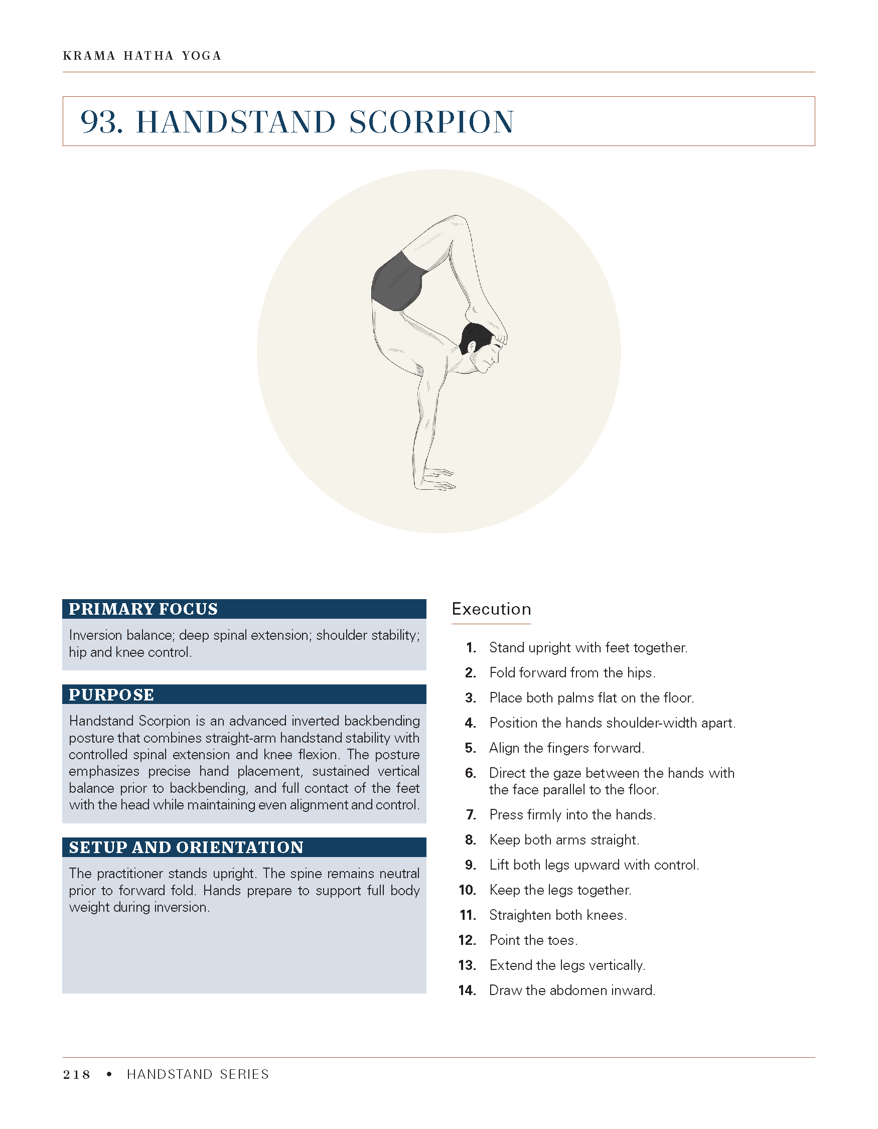 This is a page from a yoga instruction guide, specifically illustrating the 'Handstand Scorpion' pose. The page includes a line drawing of a person performing a handstand with their legs bent over their head, touching their feet to the floor behind t