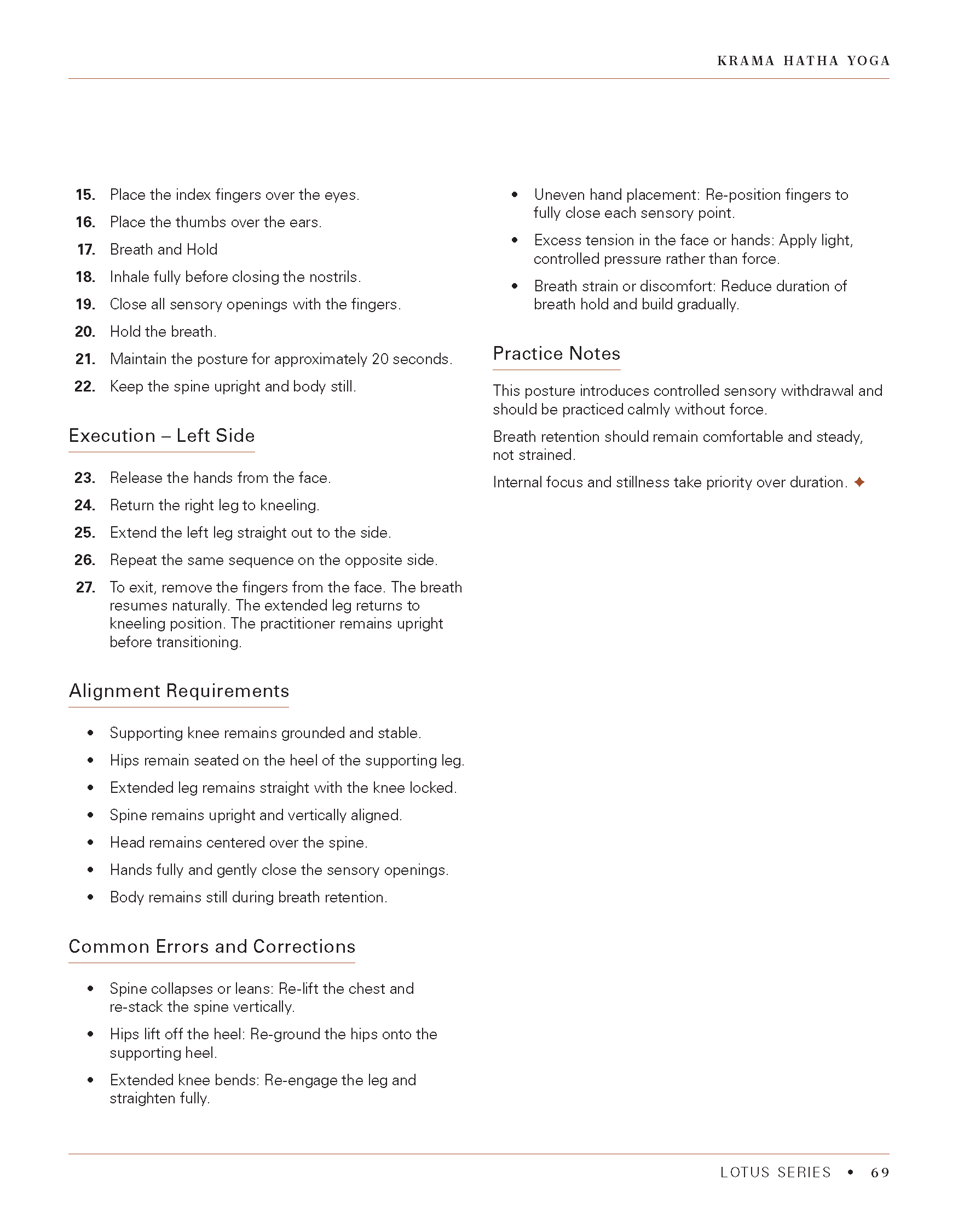 Page from a yoga instruction book with numbered steps for practicing Krama Hatha Yoga, including techniques for breathing, body positioning, alignment, common errors, and corrections.