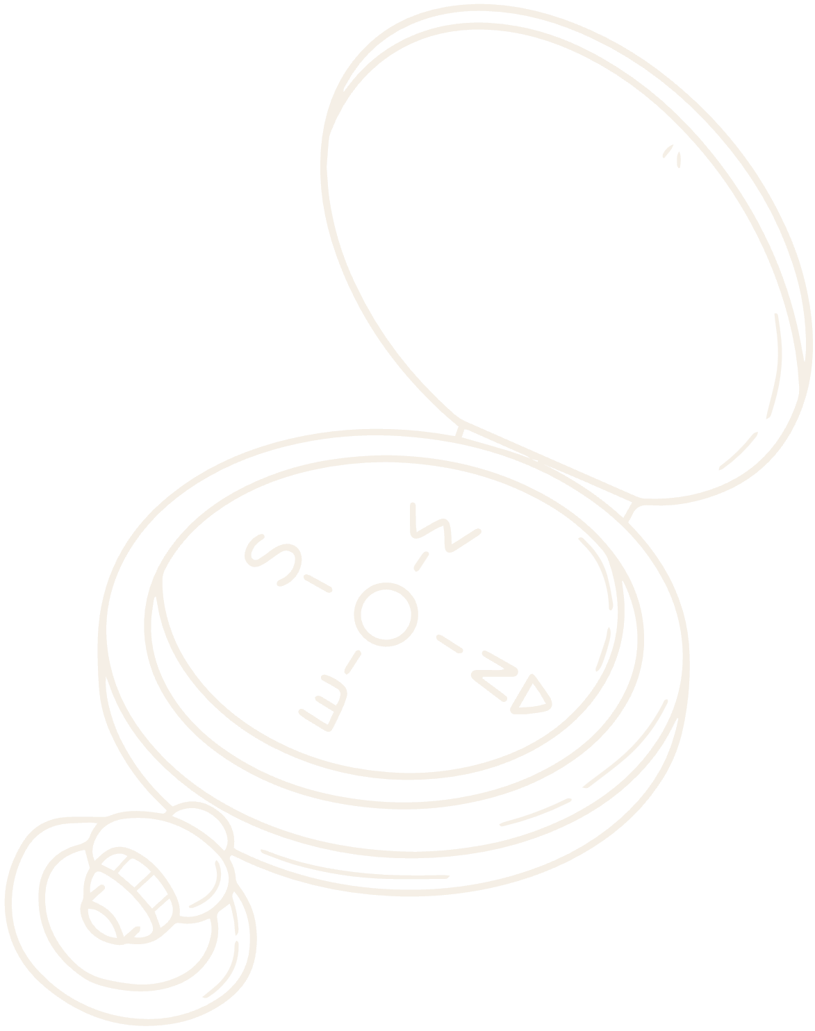 Simple cream colored line drawing of a compass pointing north on a teal background indicating an inner direction