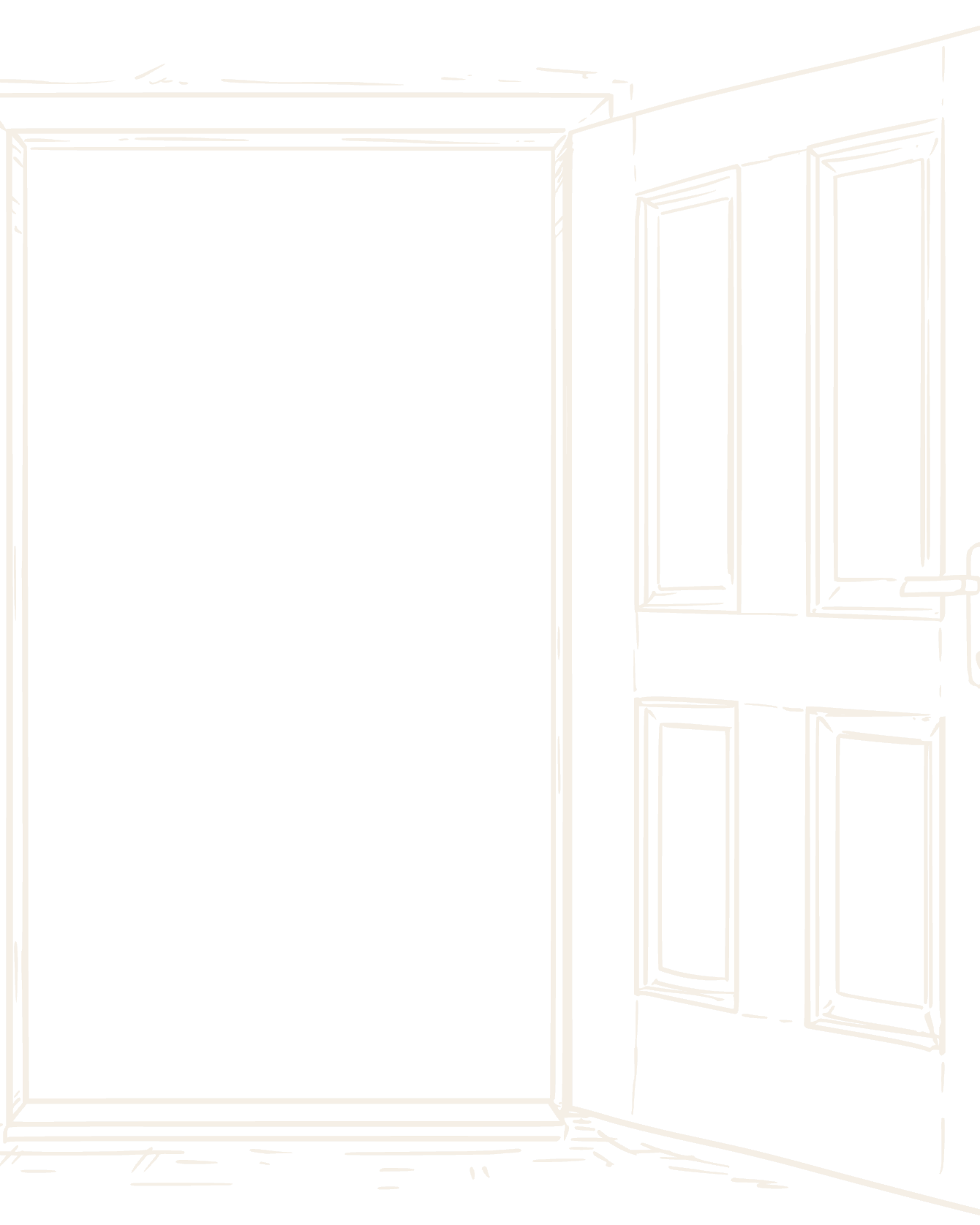 Cream outline drawing of an open door indicating welcome and belonging
