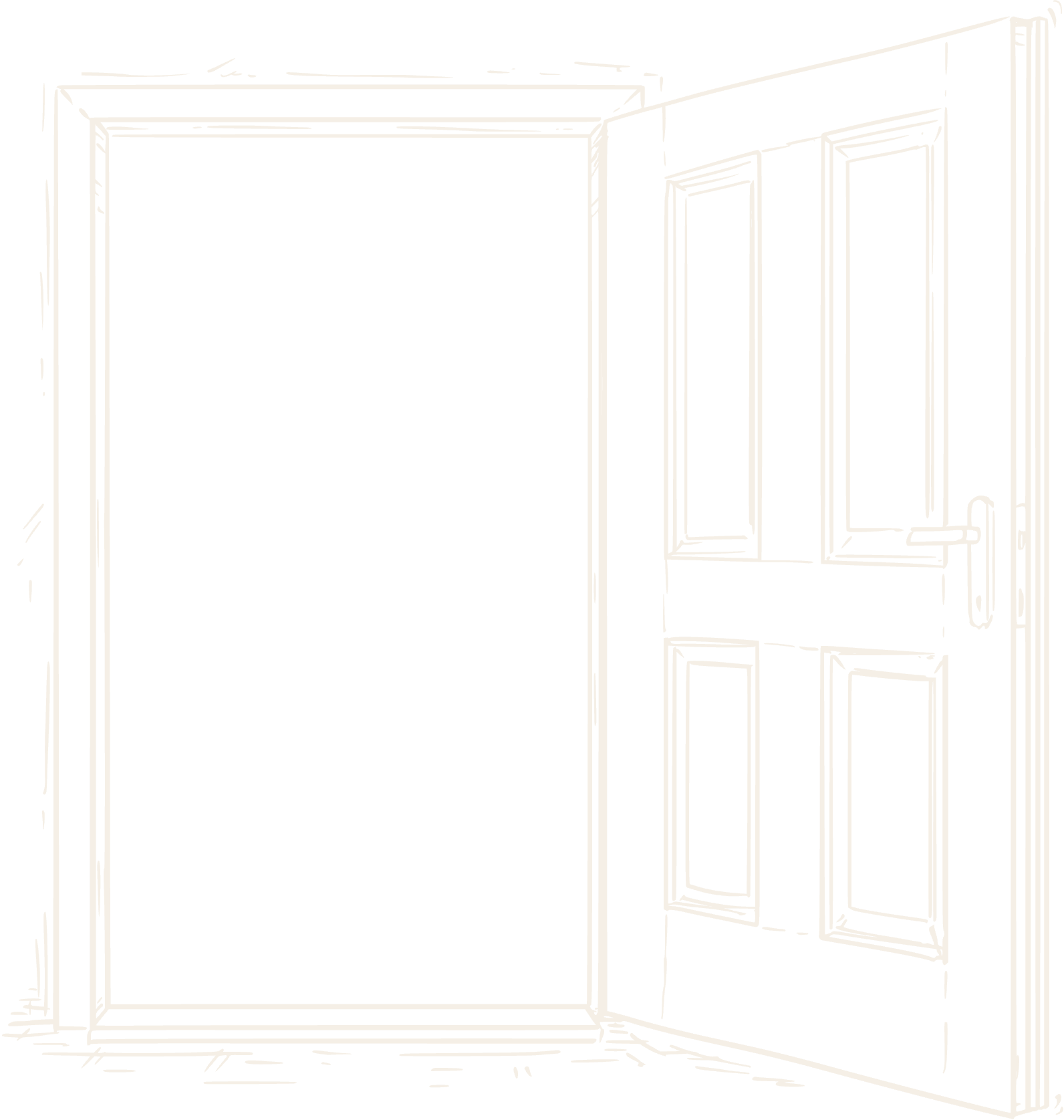 A line sketch of an open door indicating a sense of belonging and welcome