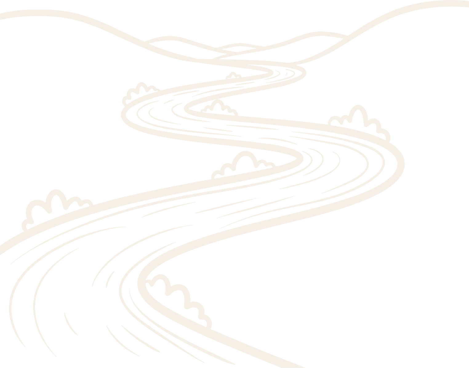 A line drawing in cream of a river winding through the mountains, indicating mind-body unity.