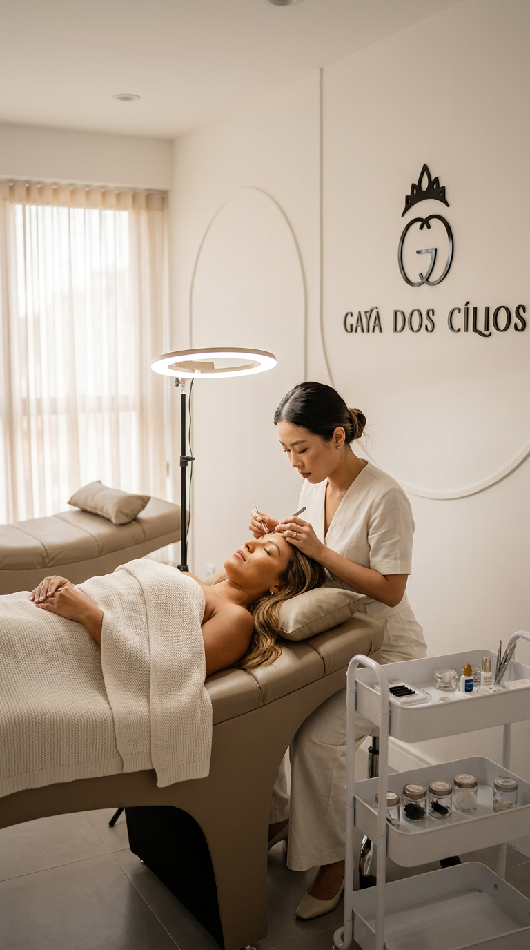 Uma mulher recebendo um procedimento estético no rosto por uma profissional em uma clínica de beleza ou estética, com um sinal que diz "GATA DOS CÍLIOS" na parede ao fundo.