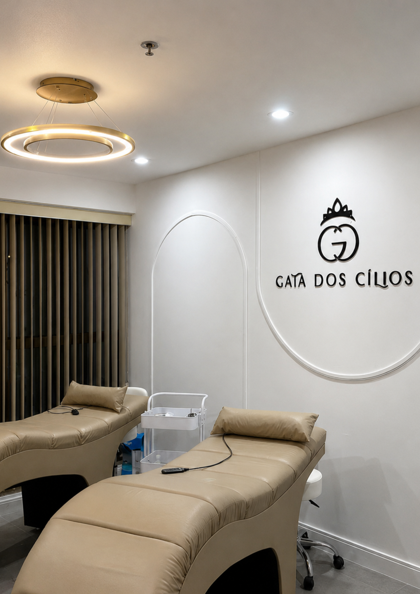 Sala de atendimento na clínica Gata dos Cílios, com duas macas de couro bege e iluminação moderna.