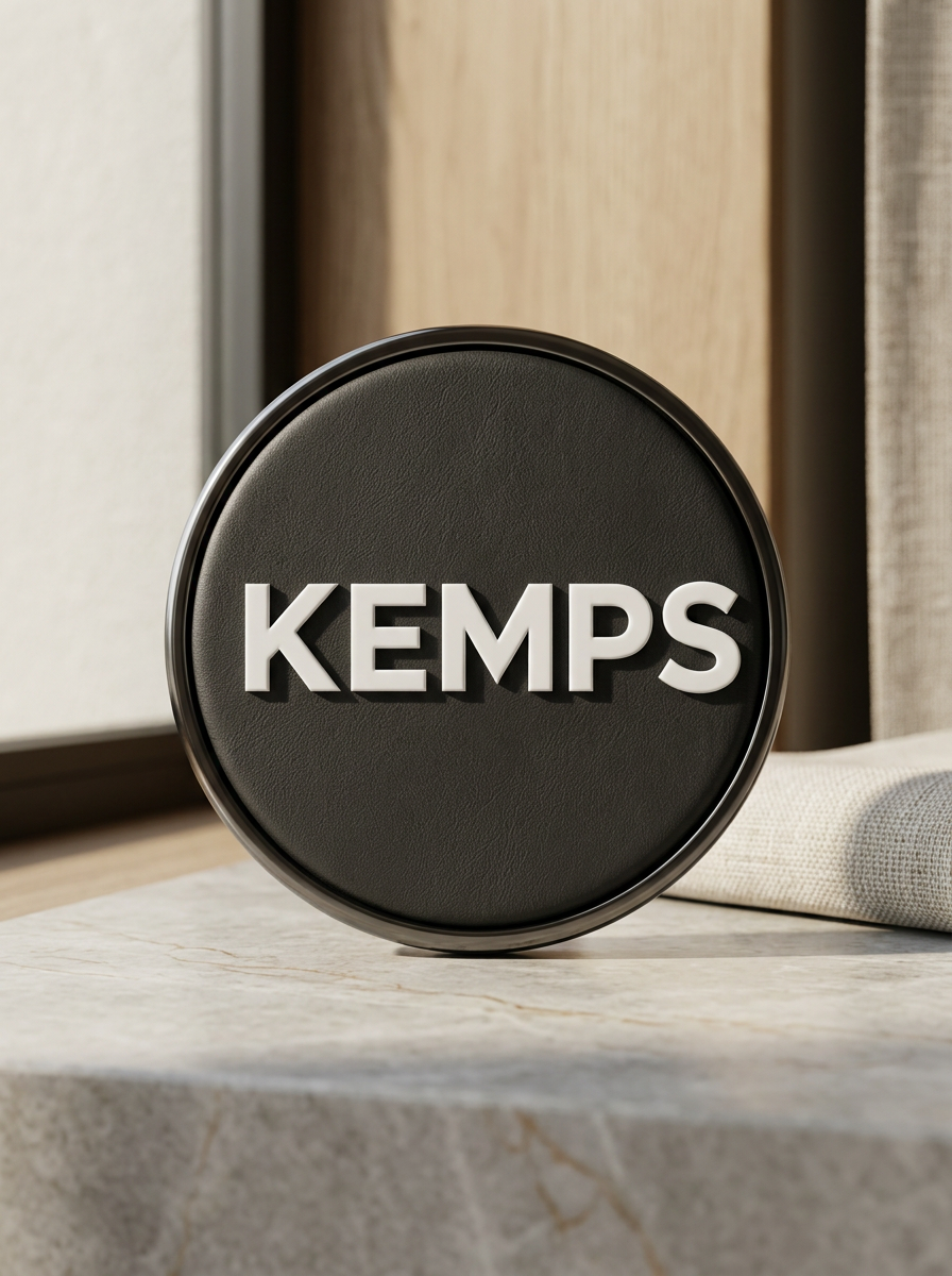 Alto-falante preto com a marca Kemps em destaque, colocado sobre uma superfície de mármore, ao lado de uma cortina e de um móvel de madeira.
