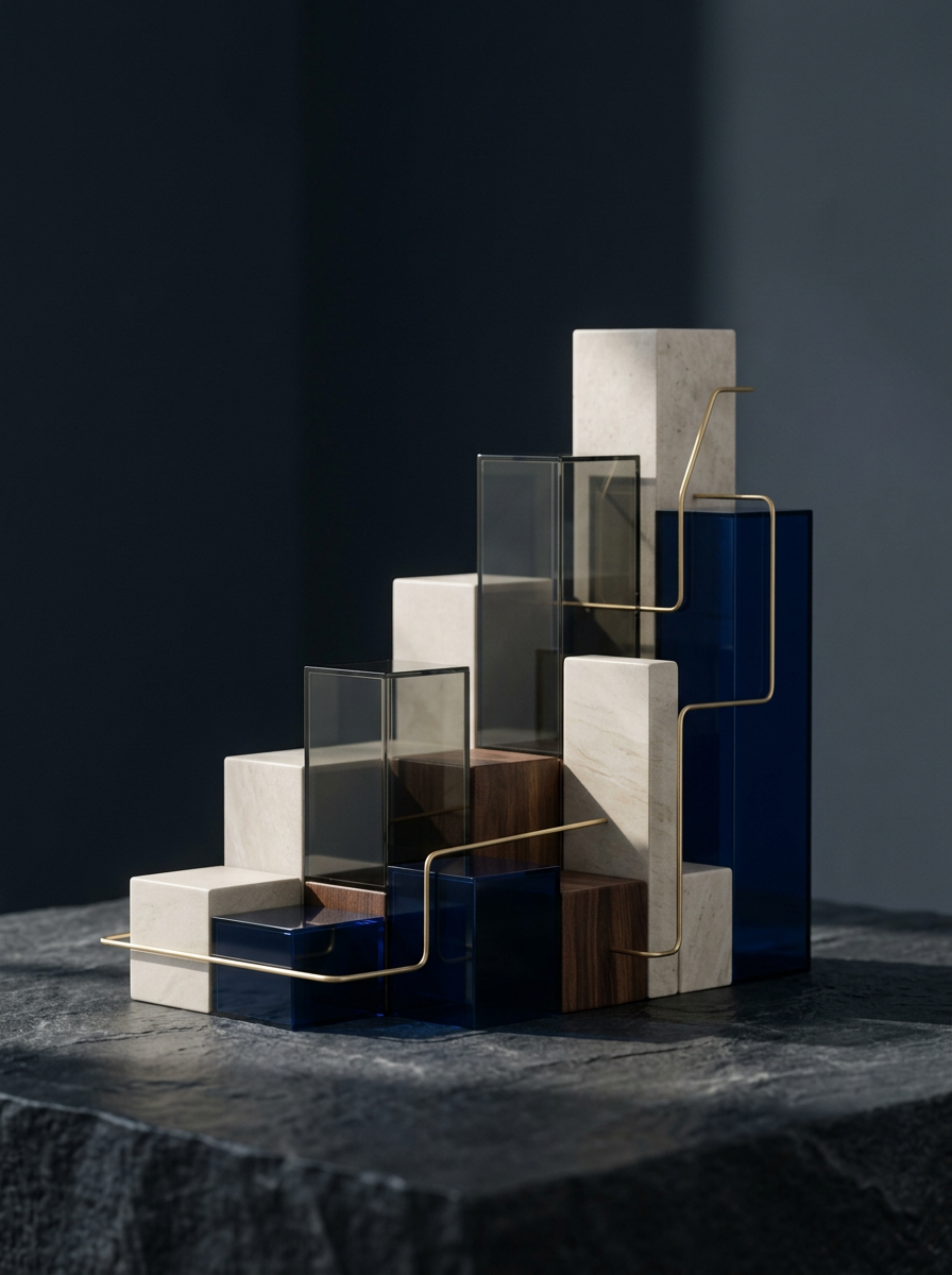 Uma escultura moderna composta por blocos de diferentes materiais, incluindo mármore branco, madeira e vidro azul, com cabos de metal dourados. A peça está sobre uma base de pedra escura.
