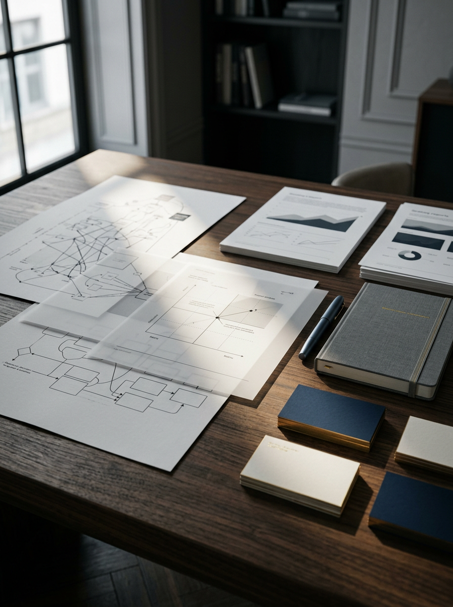Documentos, gráficos e anotações espalhados sobre uma mesa de madeira em um escritório bem iluminado.