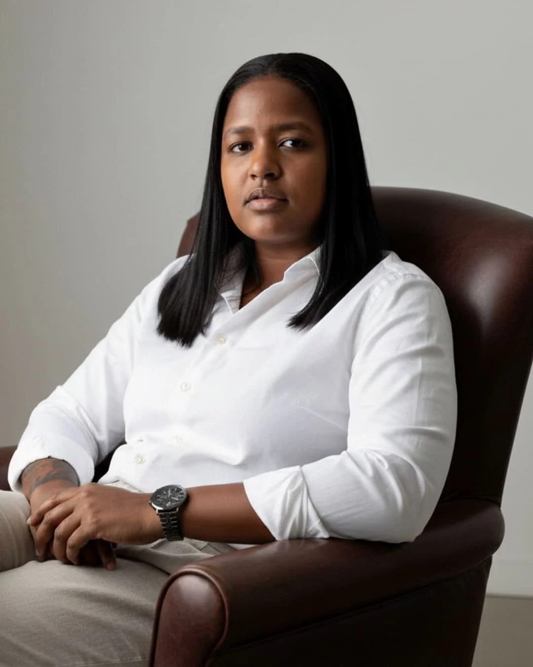 Mulher negra com cabelo liso e escuro, vestindo camisa branca de manga longa, sentada em uma poltrona de couro marrom, olhando para a câmera com expressão neutra, fundo cinza claro.