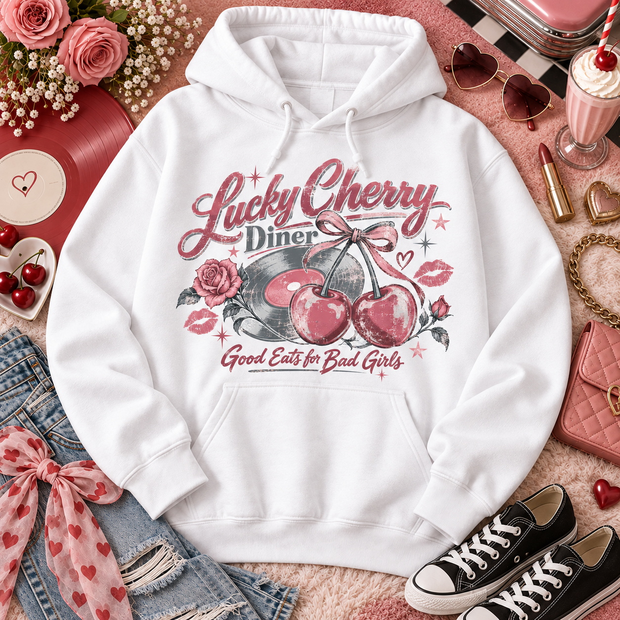 White cherry print hoodie