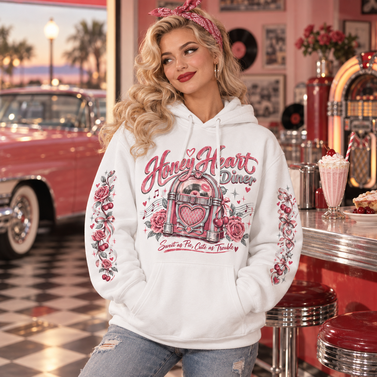 Pink jukebox hoodie for women