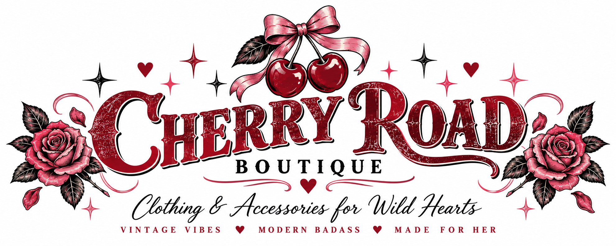 A logo for Cherry Road Boutique featuring red and black roses, cherries with pink ribbon, and decorative stars. The text reads 'Cherry Road Boutique, Clothing & Accessories for Wild Hearts' with additional descriptions 'Vintage Vibes,' 'Modern Badass,' and 'Made for Her.'