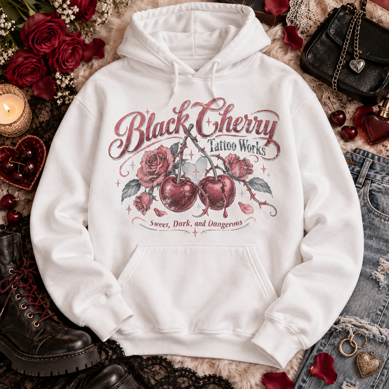 Rose and cherry print hoodie