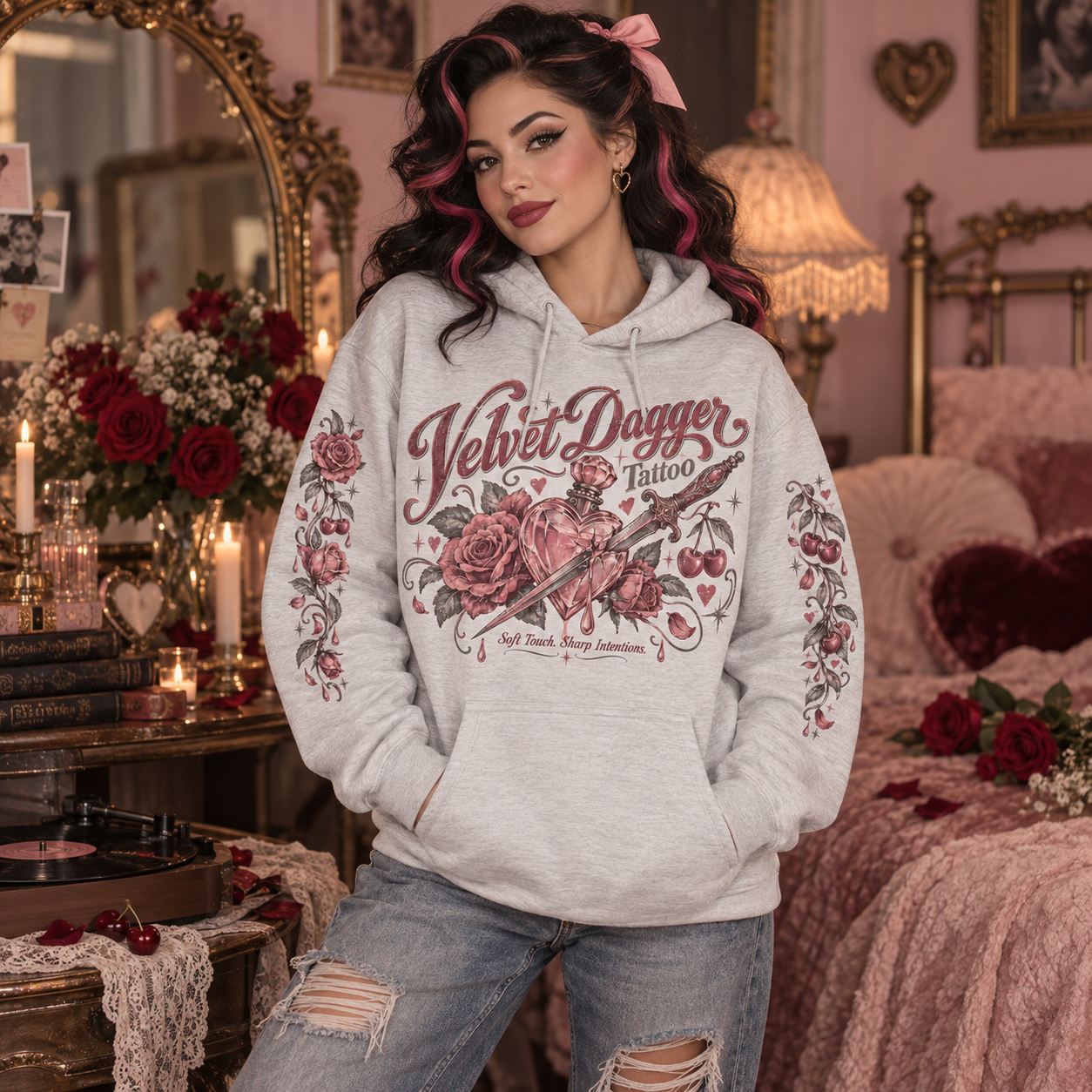 Rose and dagger graphic hoodie