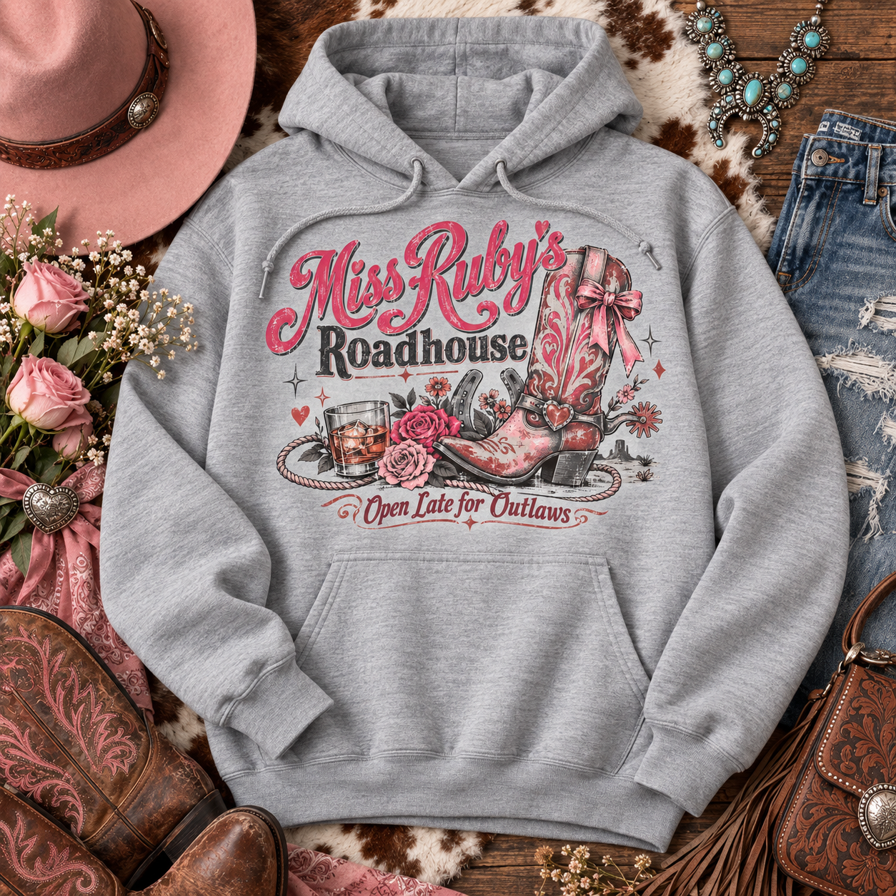 Pink cowboy boot hoodie