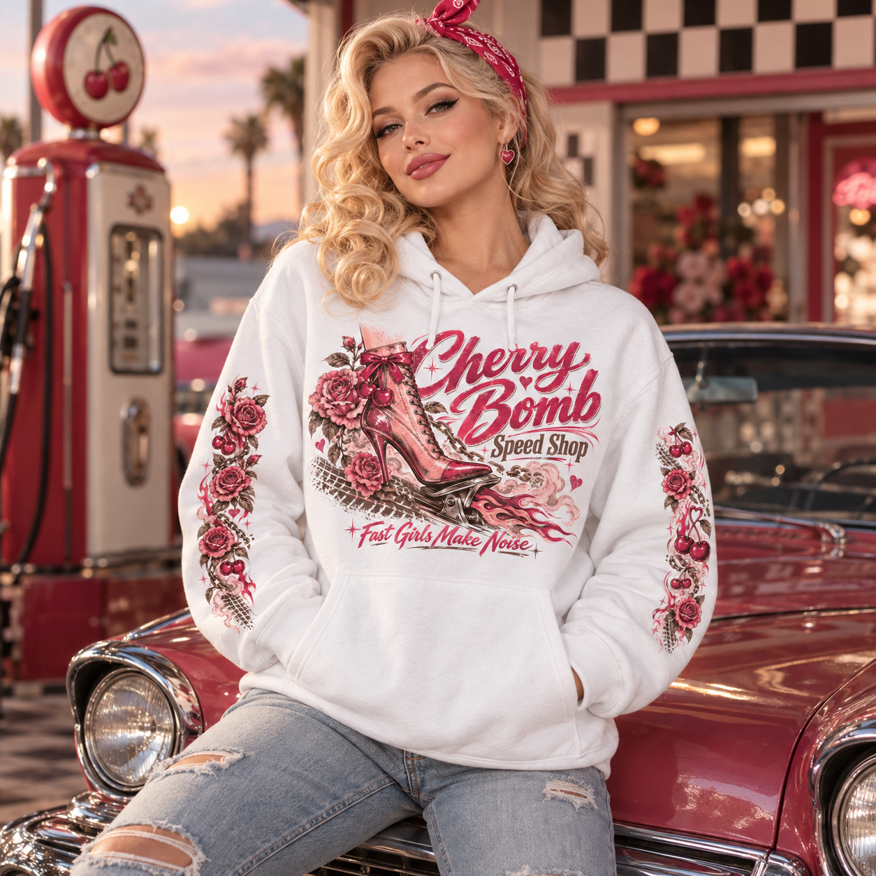 Cherry and rose print hoodie