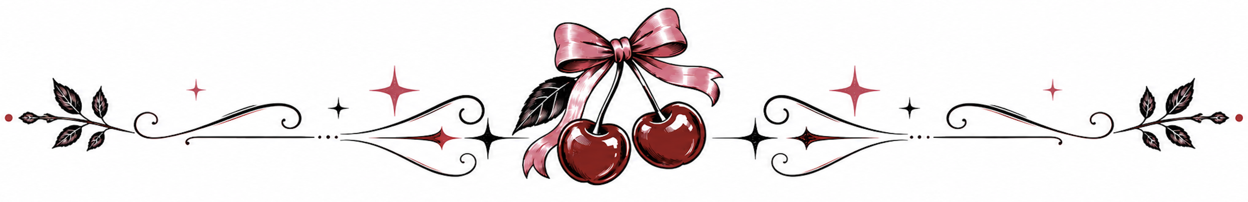 Decorative border with black and pink leaves, swirls, stars, and a cherry with a pink ribbon tied in a bow.