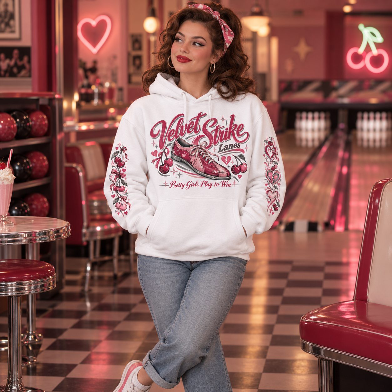 Pink cherry bowling hoodie