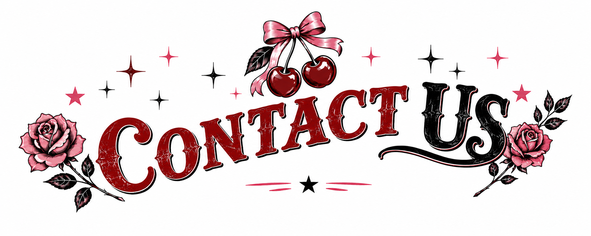 Contact us sign with pink roses, cherries, stars, and decorative typography.