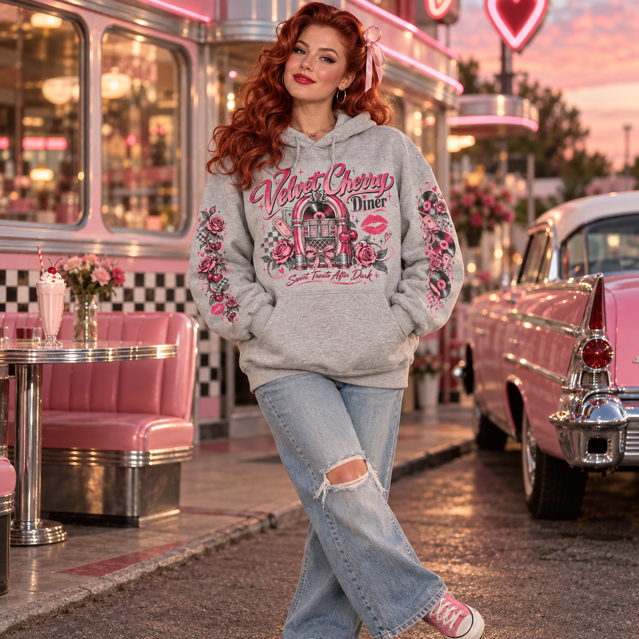 Cherry print gray hoodie