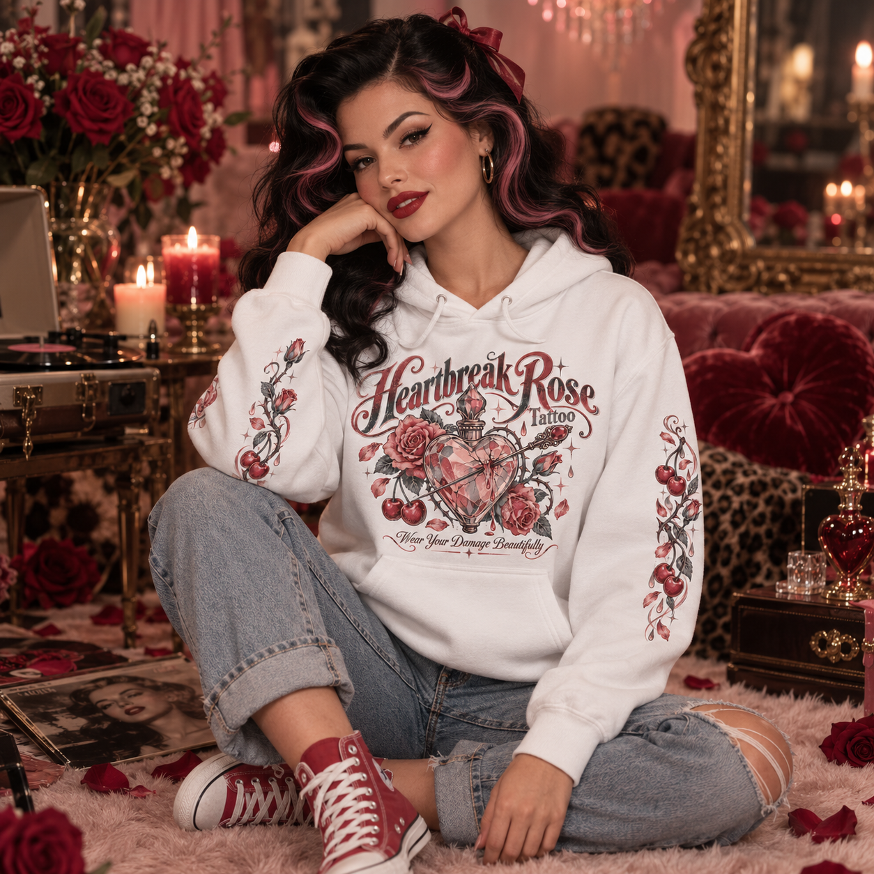 Heart and rose print hoodie