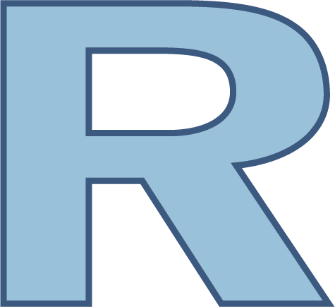 Large blue letter R with black outline on black background.