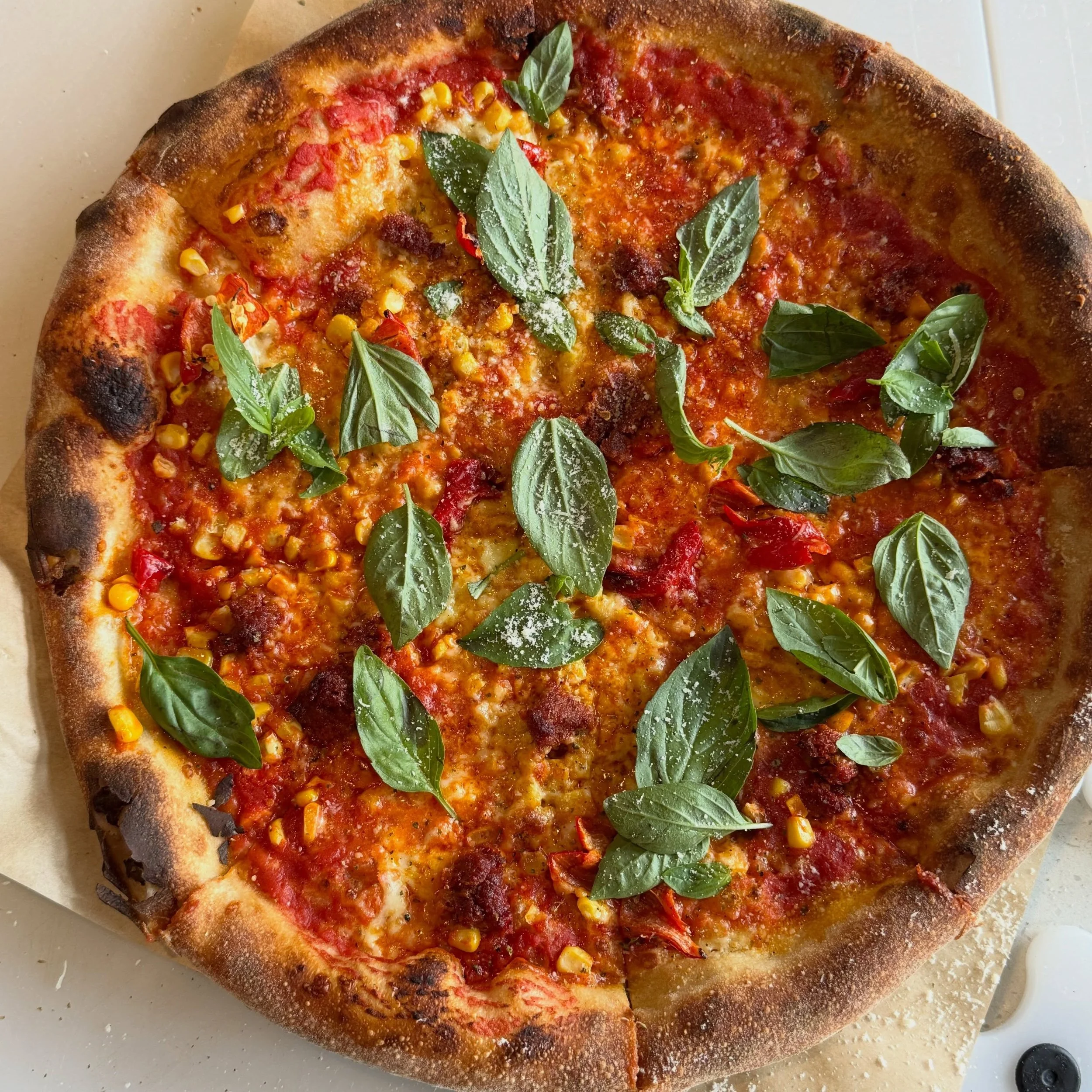An SF special -Corn and n&rsquo;duja - a favorite combo ~~~ 
Calabrese Summer - @journeymanmeatco n&rsquo;duja, Brentwood sweetcorn, nardello peppers, basil, tomato sauce, mozzarella, parmesan, oregano

Get it while you can, summer only last so long.