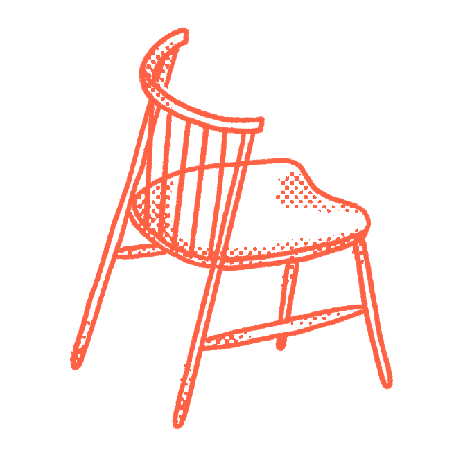 Outline drawing of a wooden chair with a curved back and a padded seat, rendered in red on a black background.