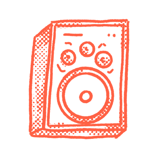 A red sketch of a speaker with multiple dials and a large central cone on a black background.