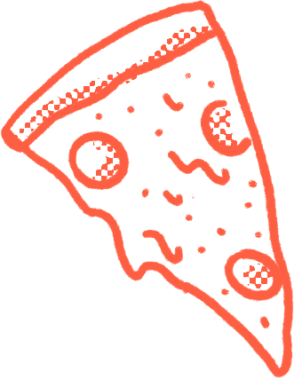 A simple line drawing of a slice of pizza with toppings.