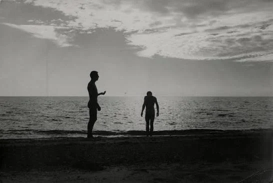 Two people walking along the beach during sunset or sunrise, with the ocean and sky in the background.