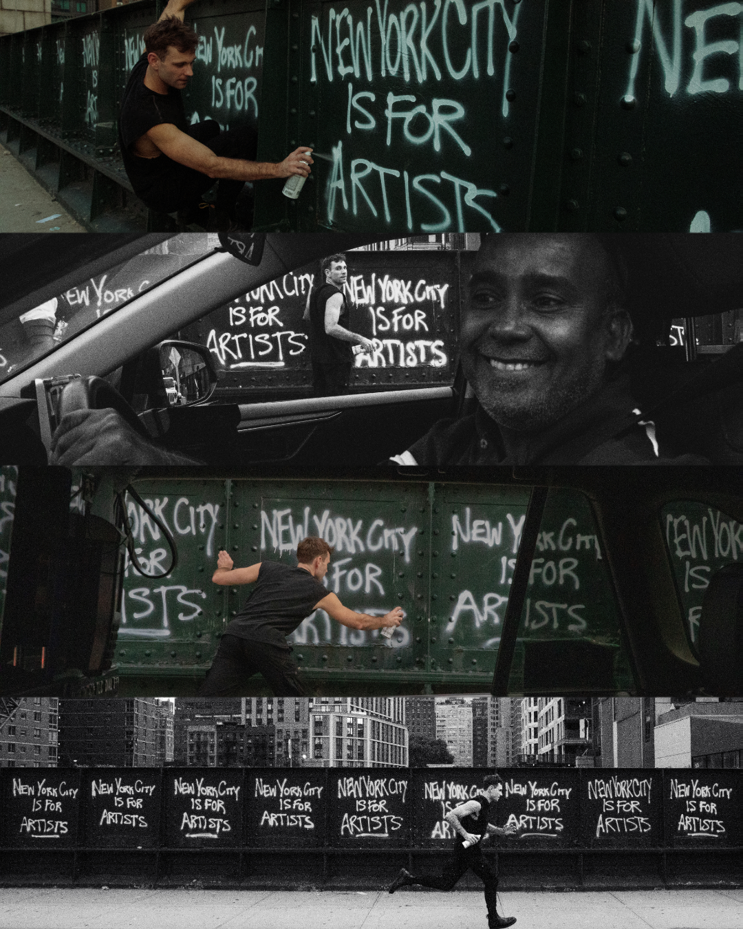 A collage of four photos showcasing graffiti art on a green train car that reads "New York City is for Artists." The images include a man spray painting the graffiti, a person inside a vehicle looking at the graffiti, a man painting on the train, and