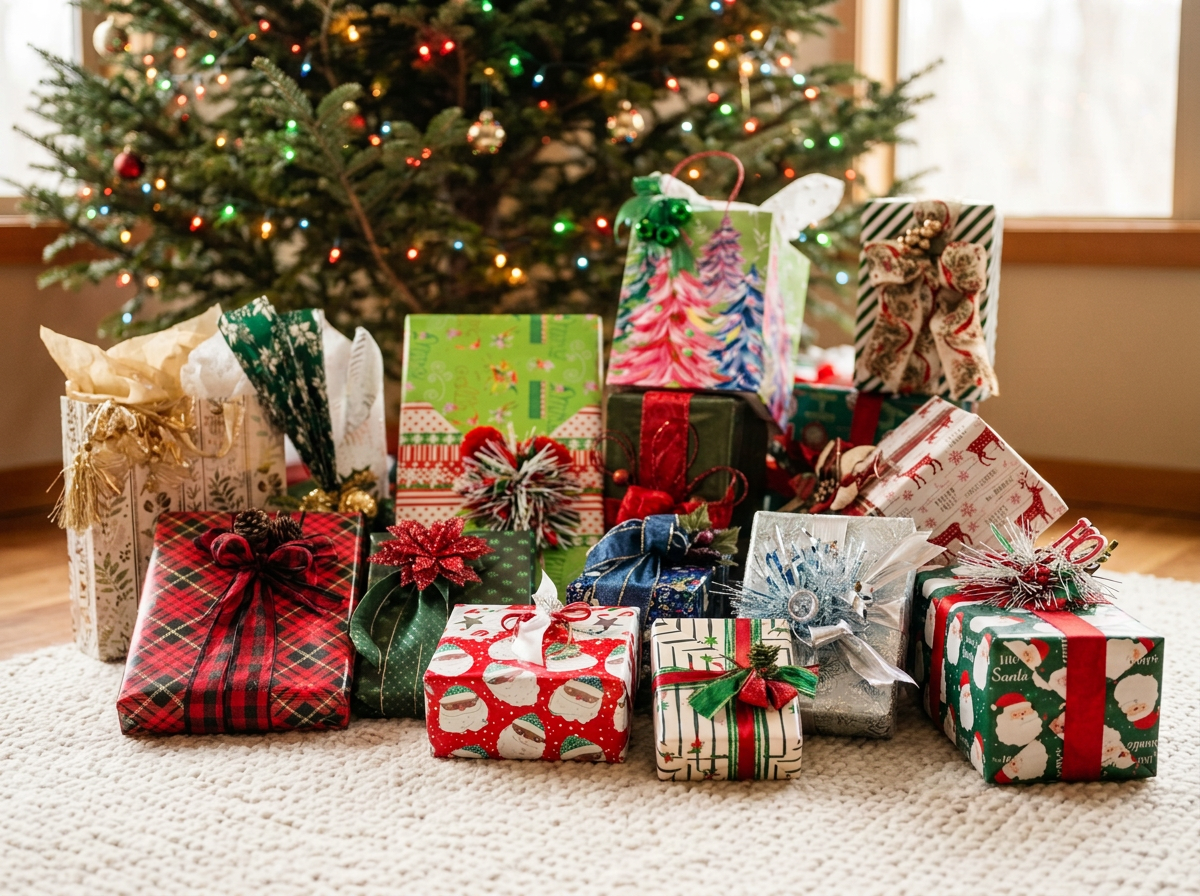 Christmas presents wrapped in festive themed paper with ribbons, bows, and decorations, placed on a white rug in front of a decorated Christmas tree with colorful lights.