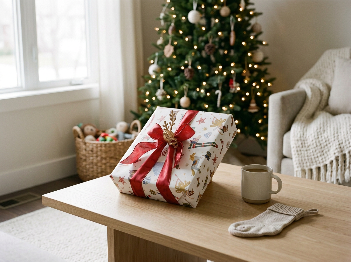 A Kids themed gift with nutcracker paper and a red ribbon with decoration, on a wooden table with a mug of coffee, a Christmas tree decorated with lights and ornaments, a basket of plush toys, and a cozy armchair with a blanket in a living room.