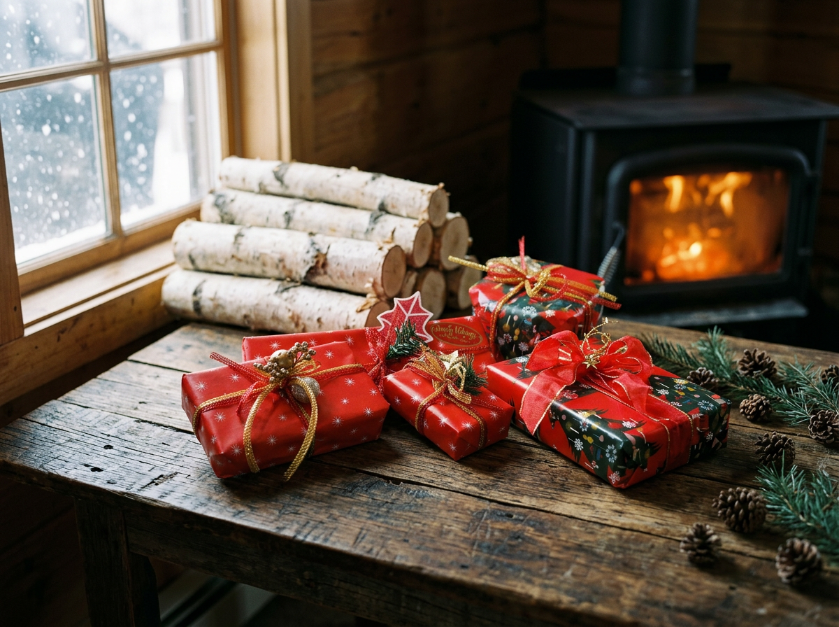 Wrapped Christmas presents in a Woodsy & Nature theme on a rustic wooden table with pinecones and greenery, fireplace in the background, and snow outside the window.