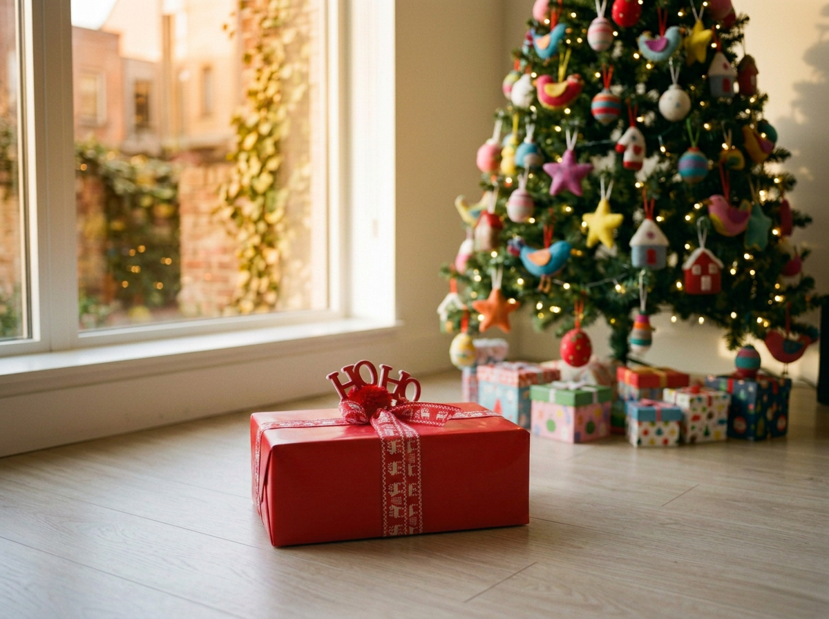 A Christmas tree decorated with colorful ornaments and lights, with wrapped presents for Kids underneath, and a red gift box with a ‘Ho Ho’ sign in front, near a window.