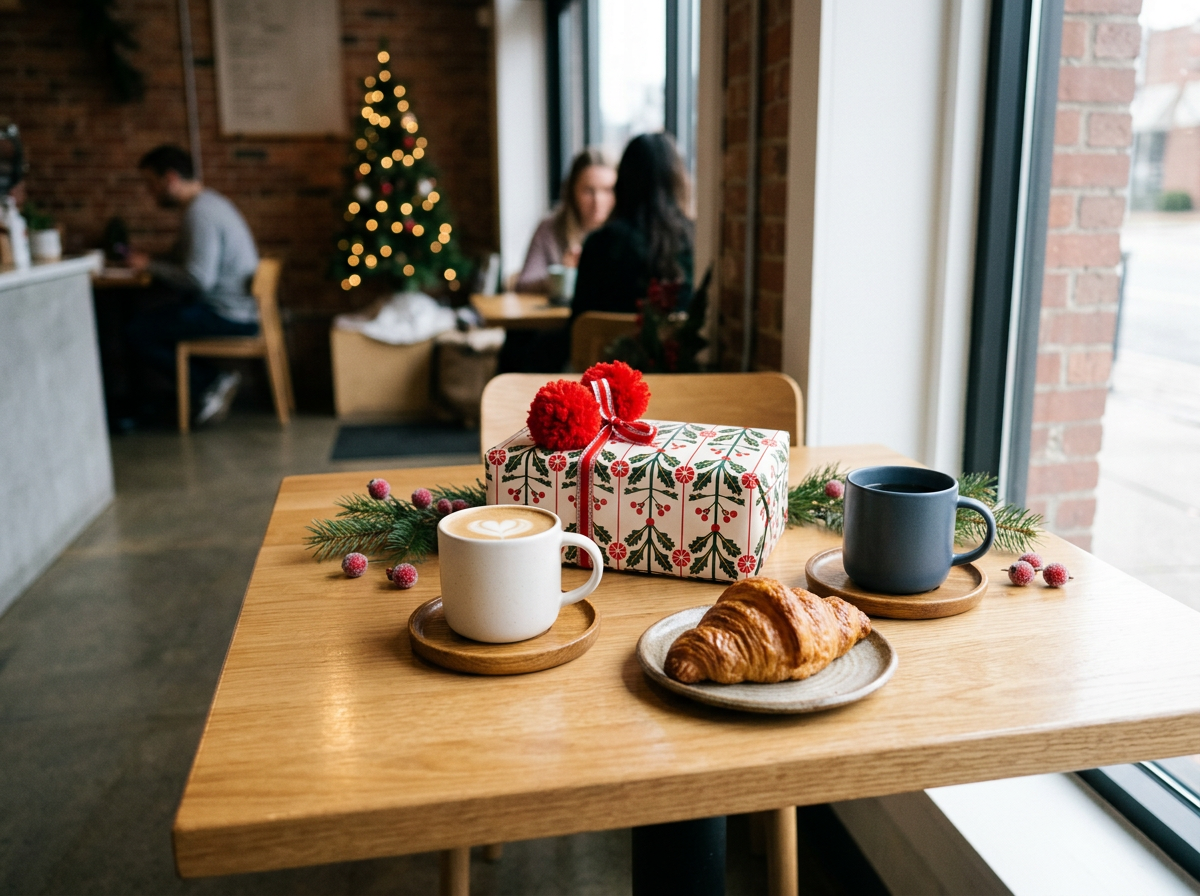 A wooden table with a Whimsical wrapped gift, a latte art coffee, a croissant, and two mugs, decorated with holiday foliage and berries, inside a café with a Christmas tree in the background.