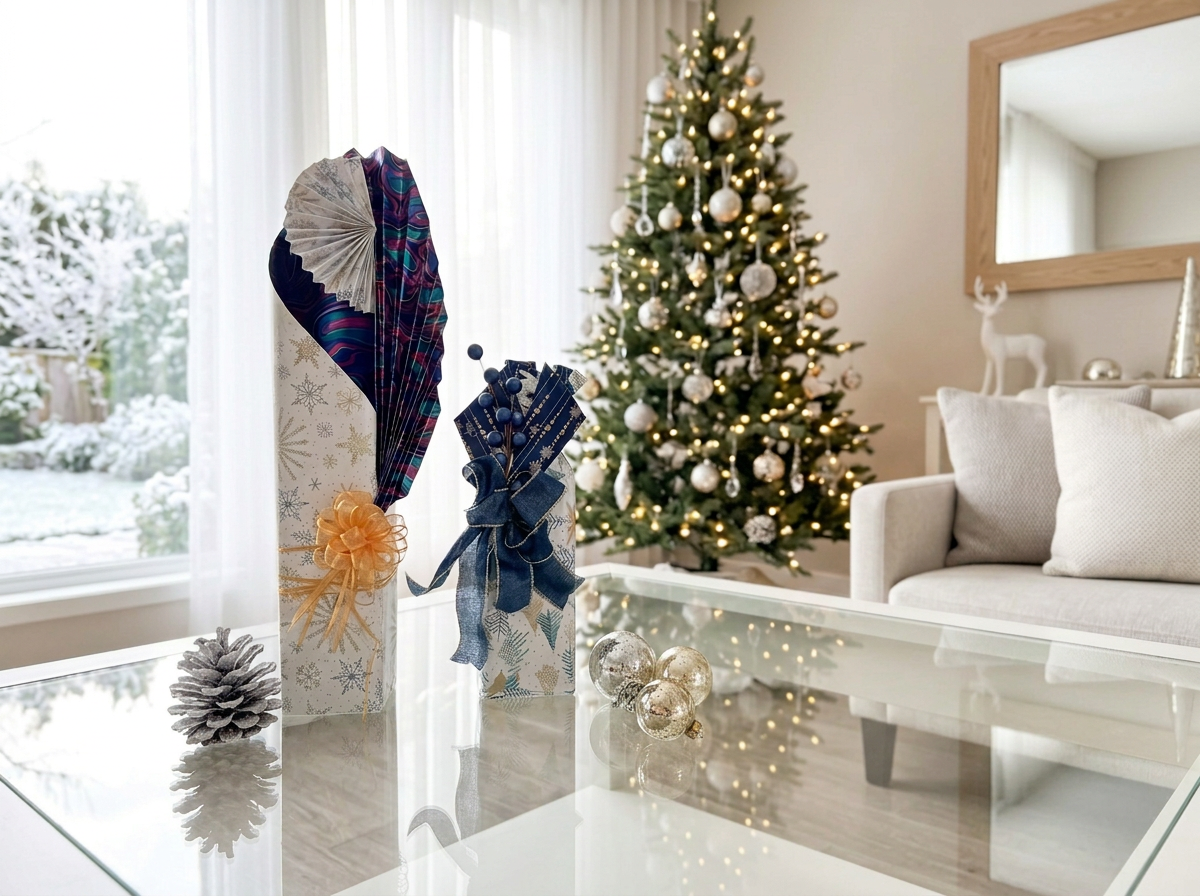 Classic Elegant wrapped bottles with a Christmas tree in a living room , ornaments, and a pinecone on a glass table.