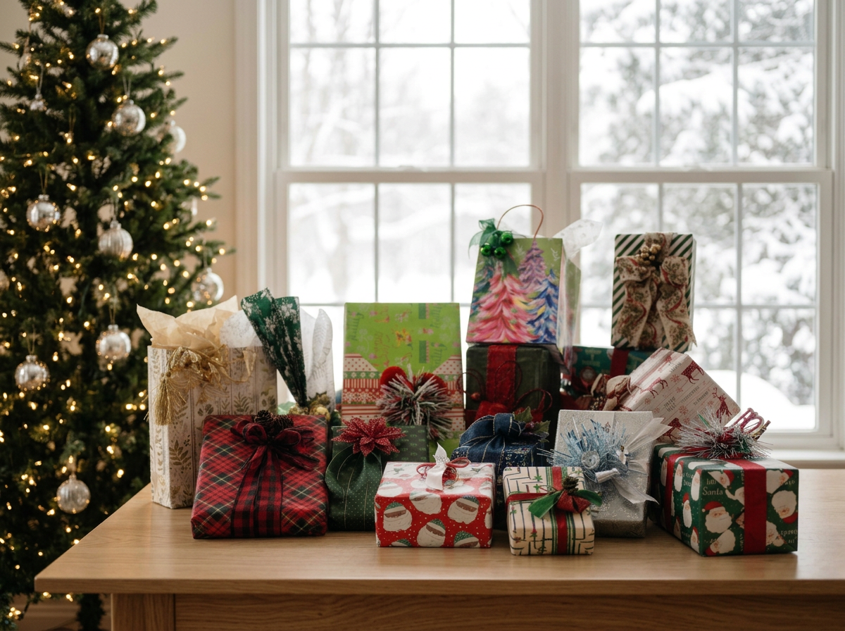 Holiday gifts wrapped in various Christmas-themed styles, Classic Elegant, Woodsy & Nature, Whimsical,  near a decorated Christmas tree with ornaments and lights, with a snowy outdoor scene visible through large windows in the background.