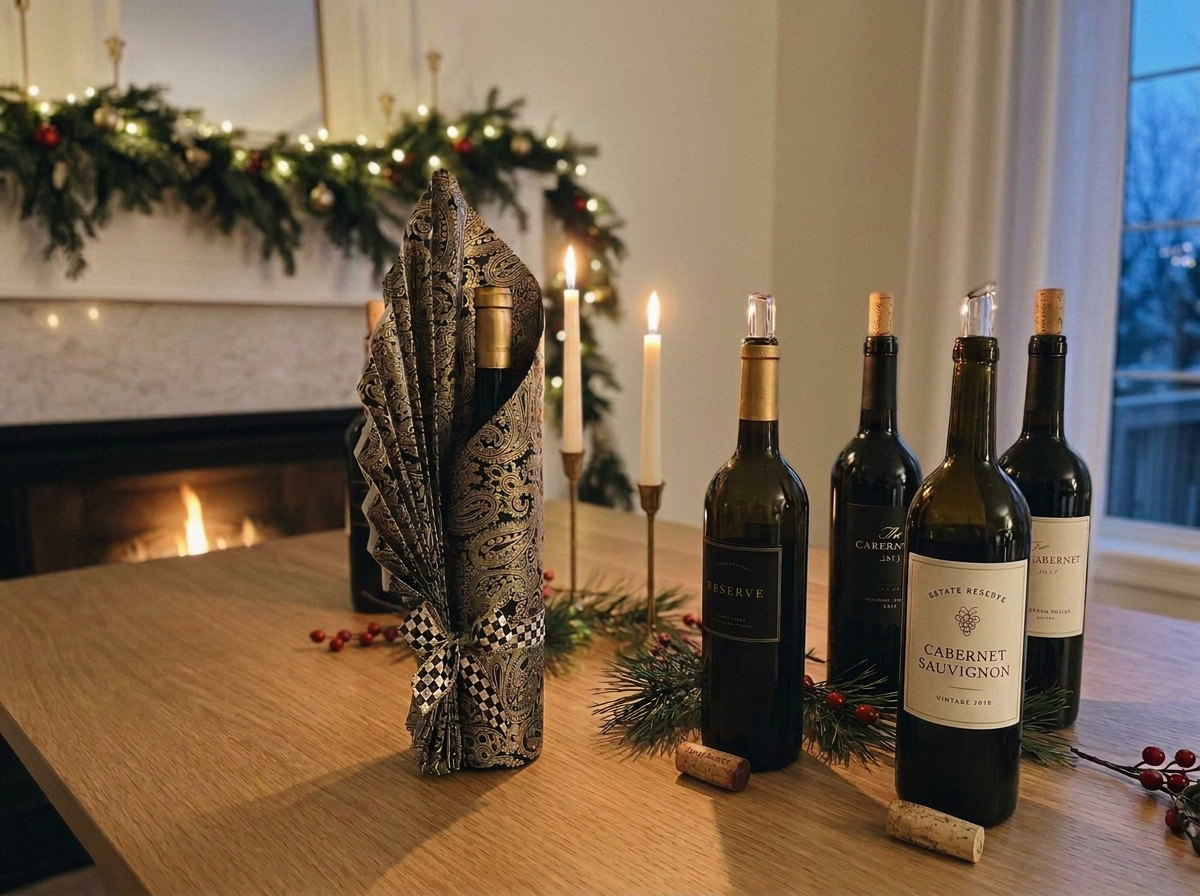 A festive holiday hostess table setting with bottles of wine and a stand out Bottle Wrapped in Classic Elegant theme.  A fireplace decorated with Christmas garland in the background.
