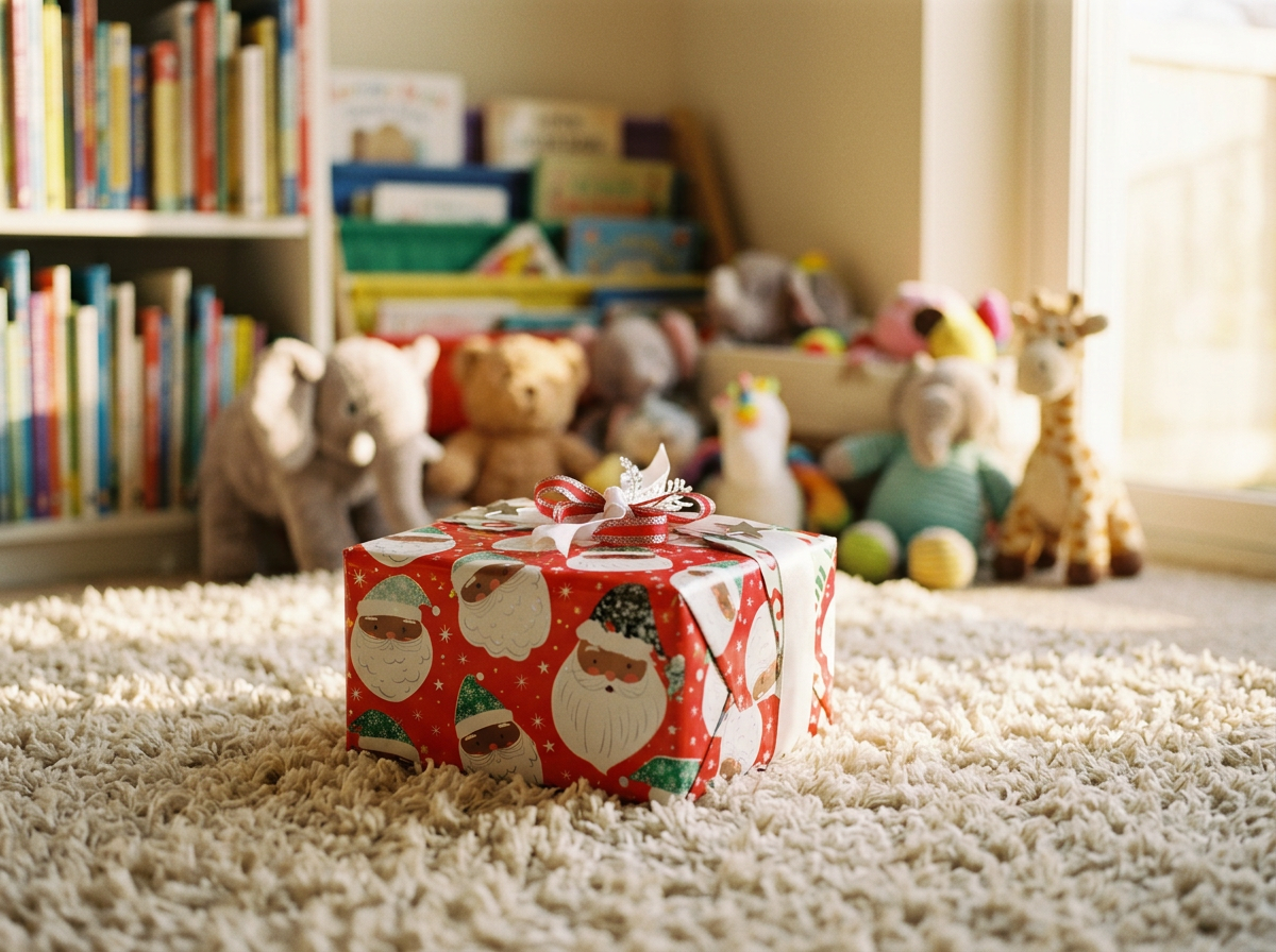 A Christmas present wrapped in a Kid's theme with red paper with Santa Claus faces, sitting on a plush beige carpet in a children's playroom, with stuffed animals and books in the background.