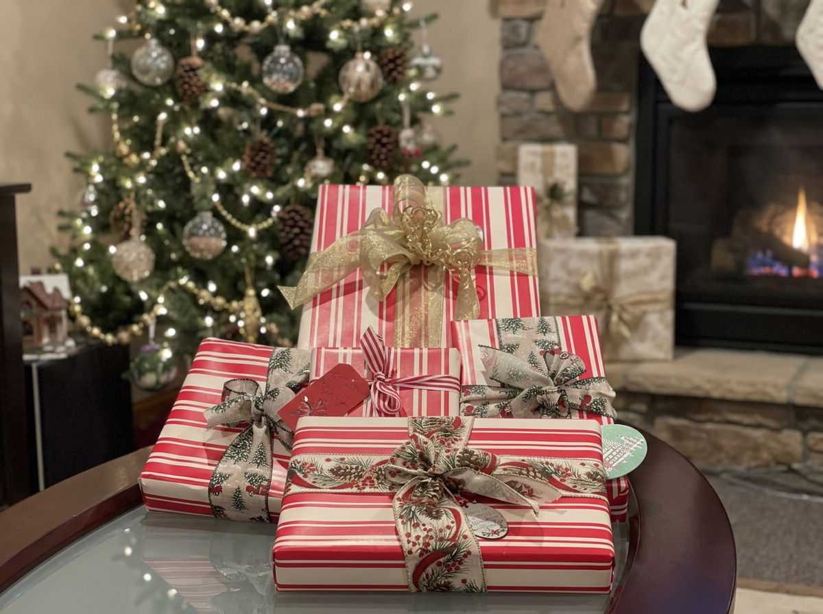 Three custom wrapped Classic Elegant Christmas presents with ribbons on a glass-topped table in front of a decorated Christmas tree and a lit fireplace.