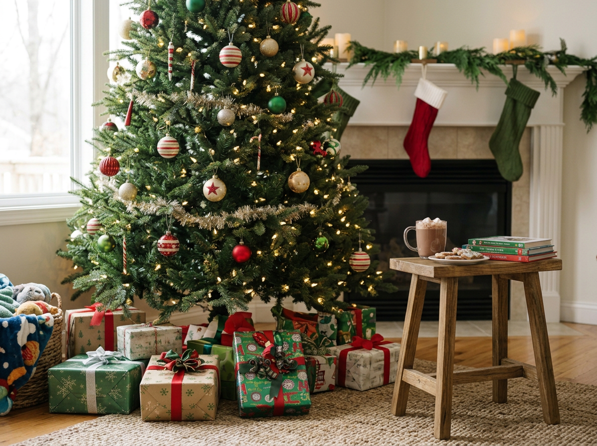 A decorated Christmas tree with ornaments, lights, and presents underneath near a window and fireplace with stockings and candles.