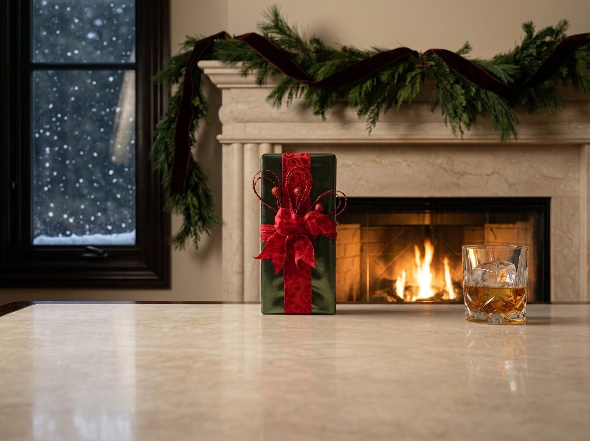 A Classic Elegant wrapped Christmas gift with a red ribbon and bow, a glass of whiskey with ice, a fireplace, a garland with greenery and red ribbon, and a snowy window in a cozy living room.