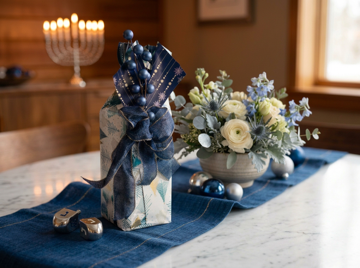 Modern Metallic gift wrapped bottle with blue ribbon and holiday ornaments, beside a bowl of white and blue flowers on a blue table runner inside a warmly lit room.