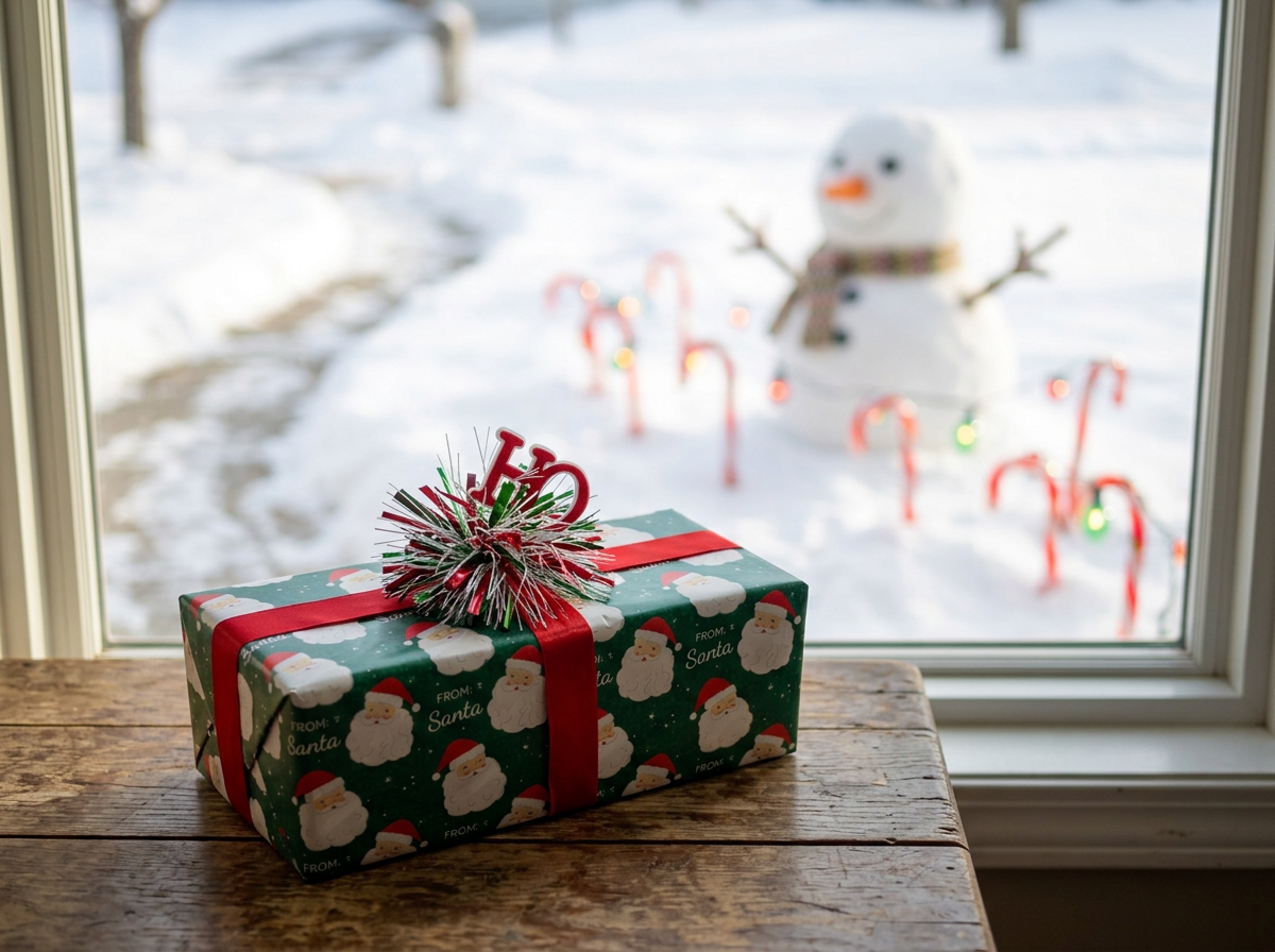 A Christmas present wrapped in a Kid's Santa Claus-themed paper with a red ribbon and bow, sitting on a wooden table by a window showing a snowman and candy canes outside.