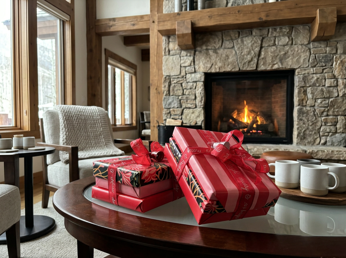 Two wrapped Christmas presents in Whimsical theme with red ribbons on a round wooden table in front of a stone fireplace with a fire burning, in a cozy living room with large windows and light-colored chairs.