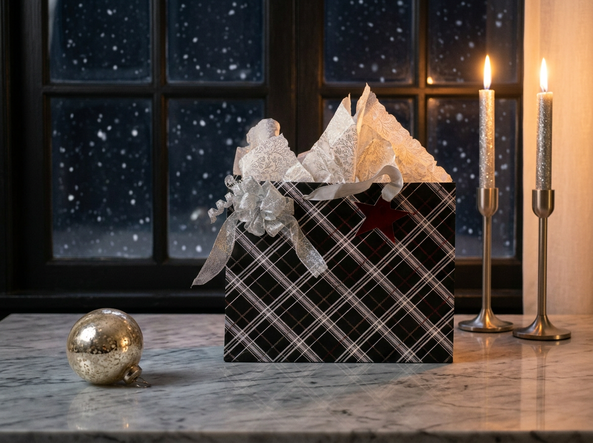 Decorative holiday Gift bag in a Classic Elegant theme in a scene with a gift box filled with tissue paper and a bow, two lit candles, and a gold ornament on a marble surface with a snowy window in the background.