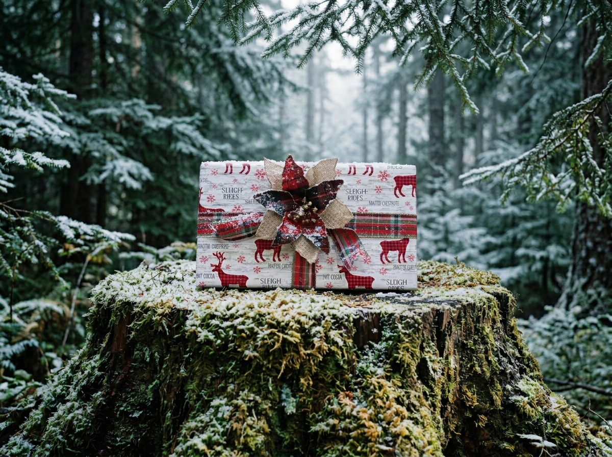 A Christmas gift wrapped in Woodsy & Nature festive paper with red reindeer and snowflake patterns, decorated with a poinsettia-shaped bow, placed on top of a moss-covered tree stump in a snow-dusted forest.