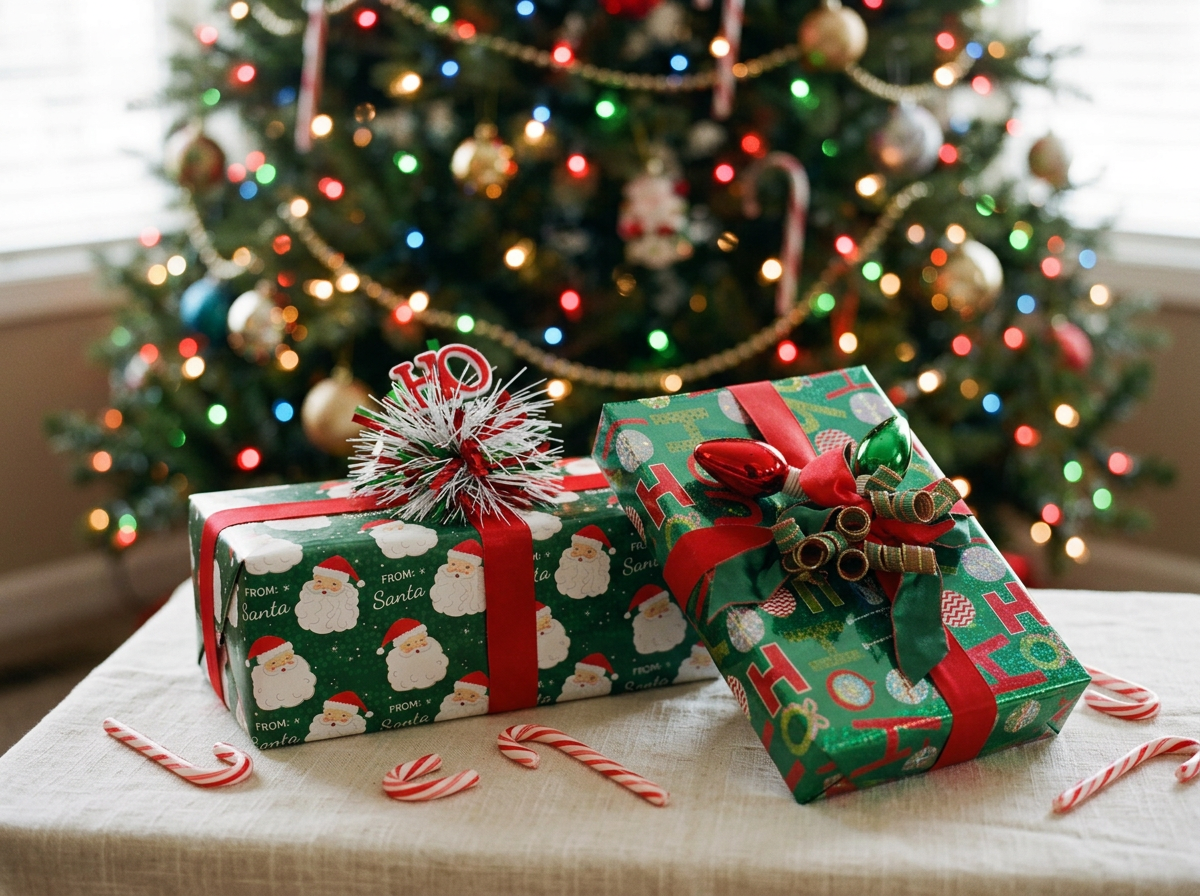 Two Christmas presents wrapped in Kid's theme with festive paper with holiday decorations on top, surrounded by candy canes on a table, with a decorated Christmas tree in the background.
