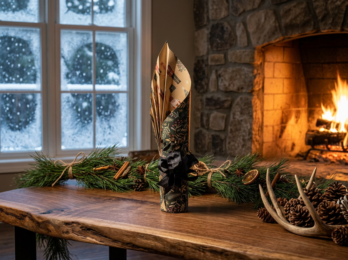 Decorative Christmas gift wrapped bottle  in festive paper with a black ribbon, surrounded by pine branches, pinecones, and antlers, on a wooden table near a cozy fireplace and a snowy window scene.